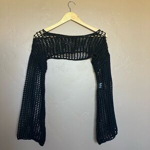 Grunge Black Open-Knit Women's Long Sleeve Top
